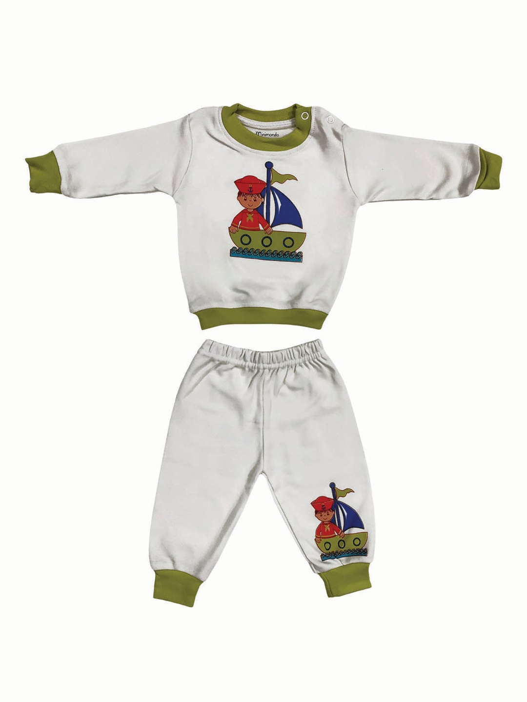 

Zoom Minimondo Unisex Kids White & Green Printed Cotton Night suit