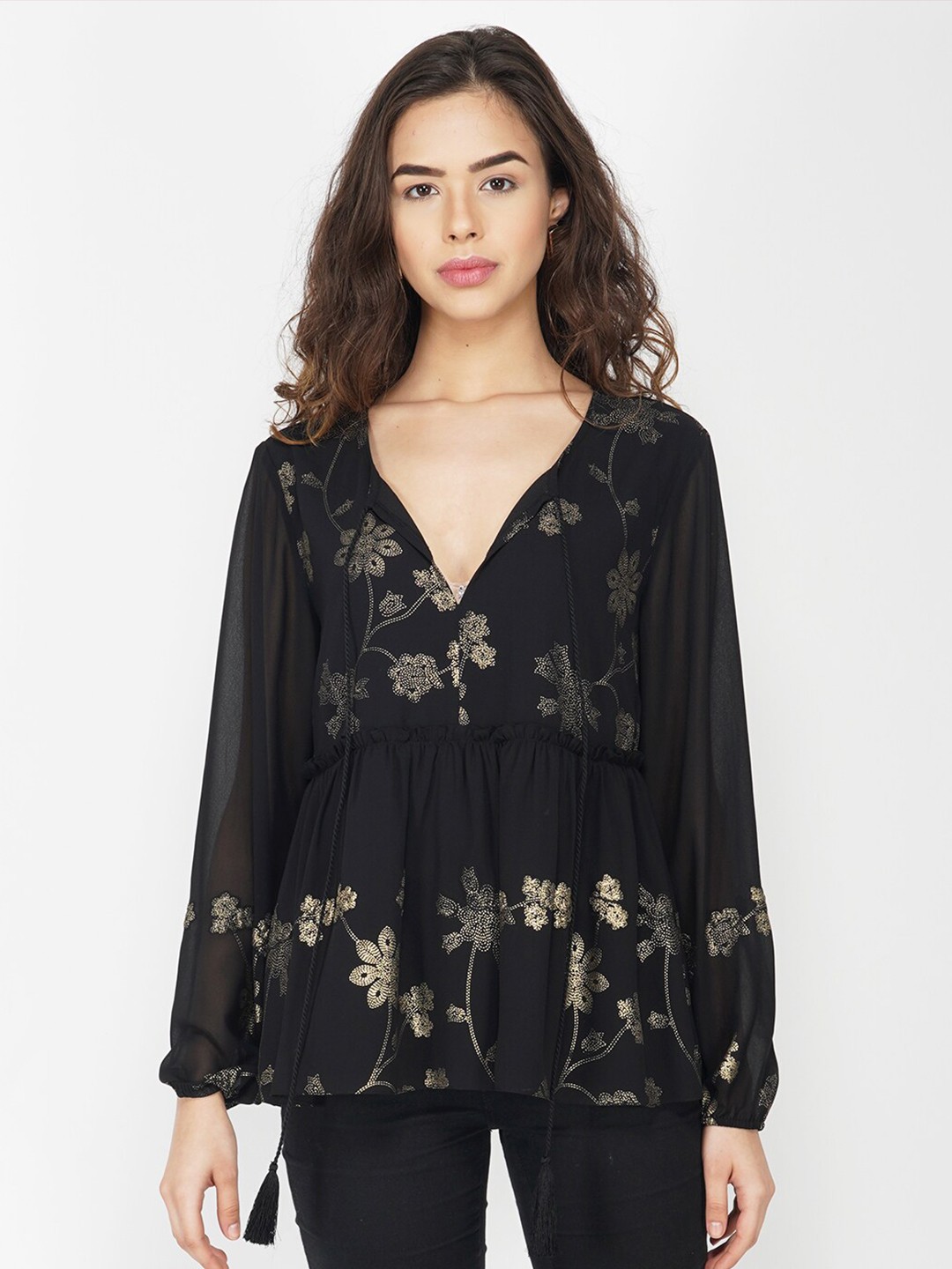 

SHAYE Black Foil Embellished Chinched Waist Top
