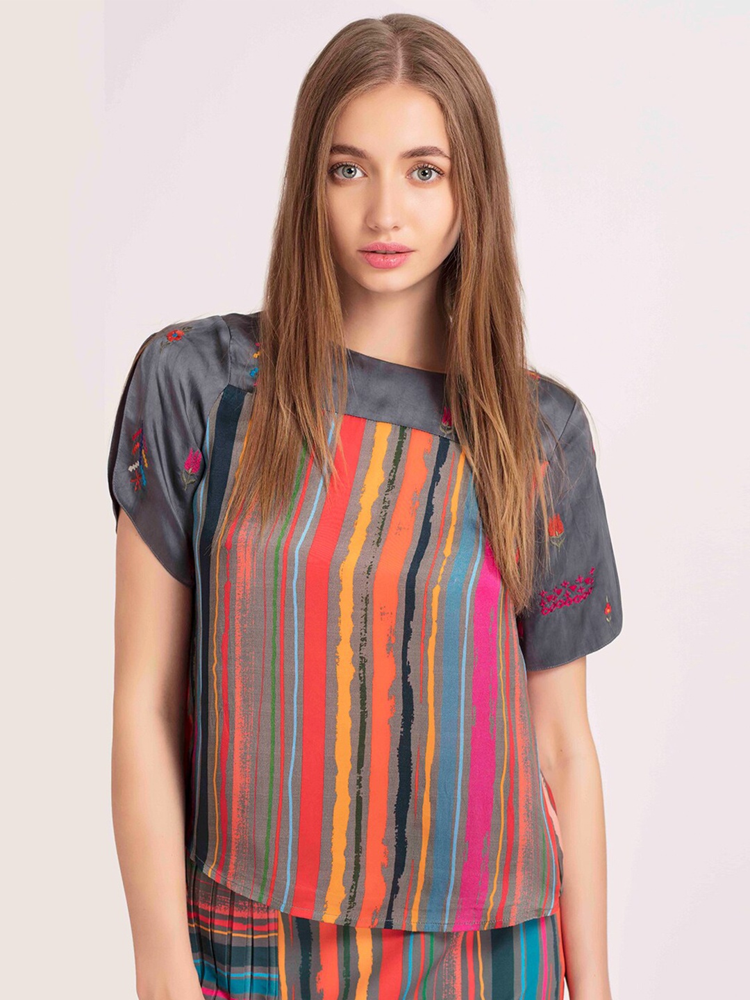 

SHAYE Multicoloured Striped & Embroidered Regular Top, Multi