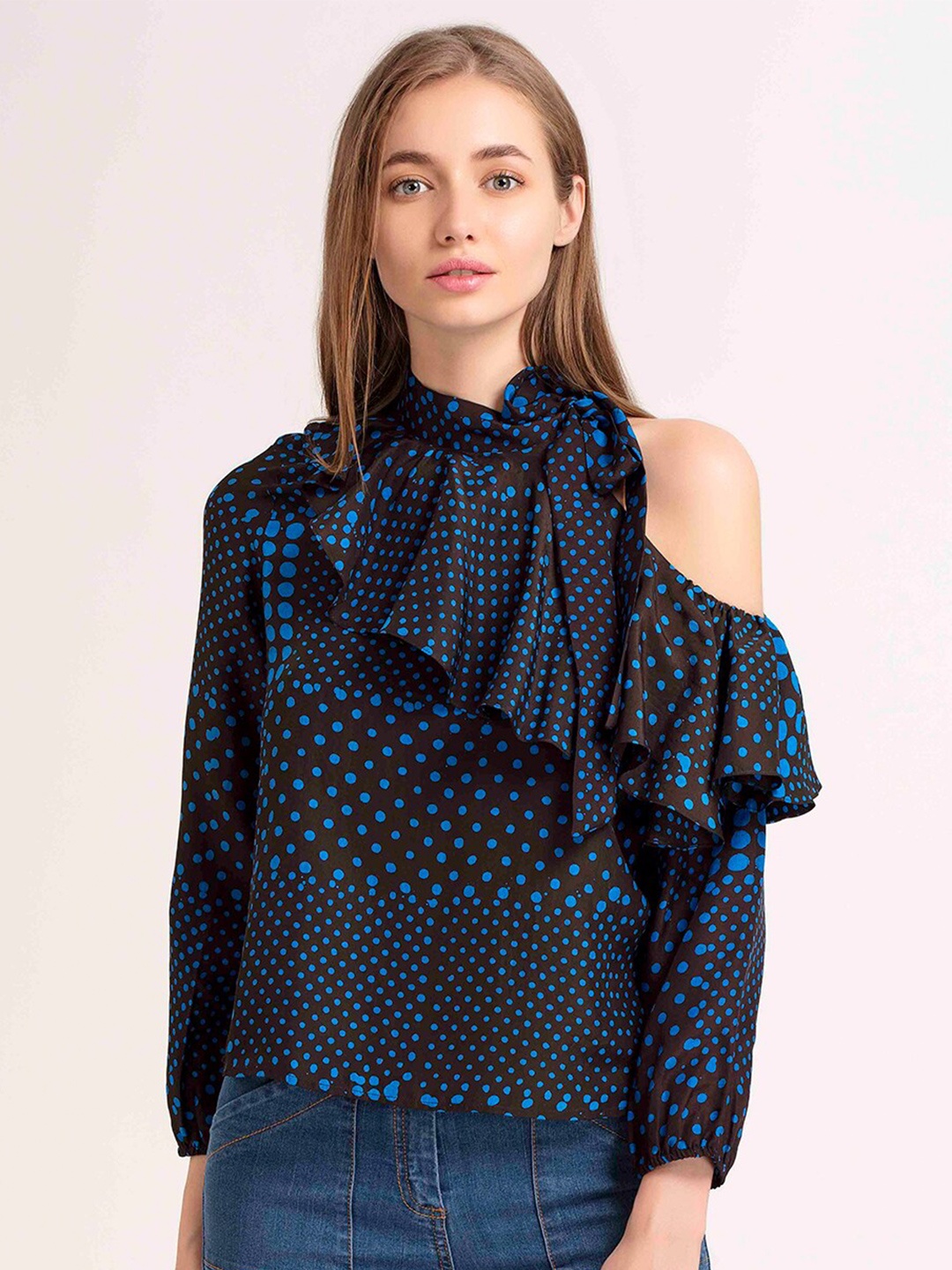 

SHAYE Women Blue Polka Dot Printed Ruffles One Shoulder Top, Teal