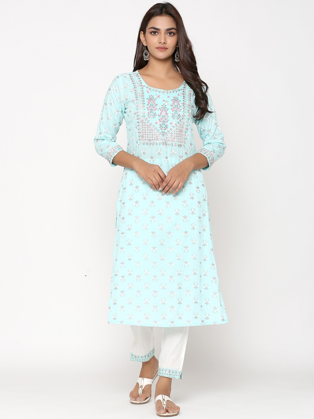 

UNISETS Women Turquoise Blue Floral Embroidered Regular Kurta with Trousers