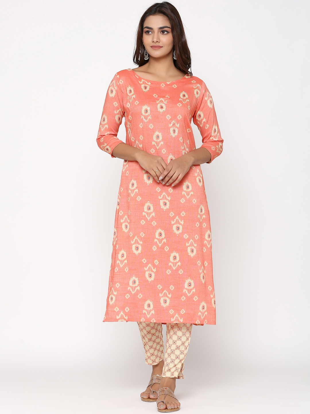 

UNISETS Women Peach-Coloured Floral Printed Regular Kurta with Trousers