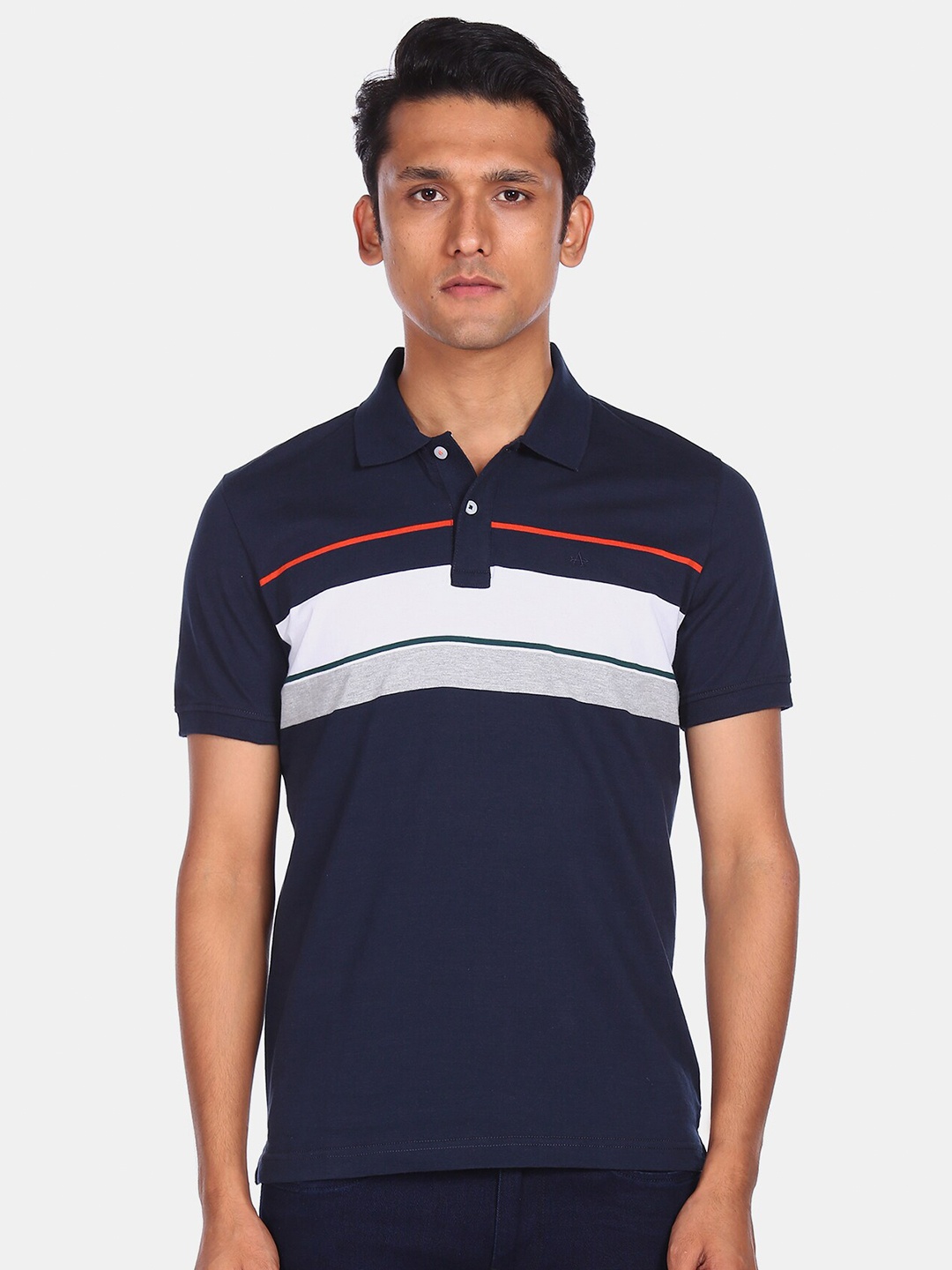 

Arrow Sport Men Blue & White Striped Pure Cotton Polo Collar T-shirt