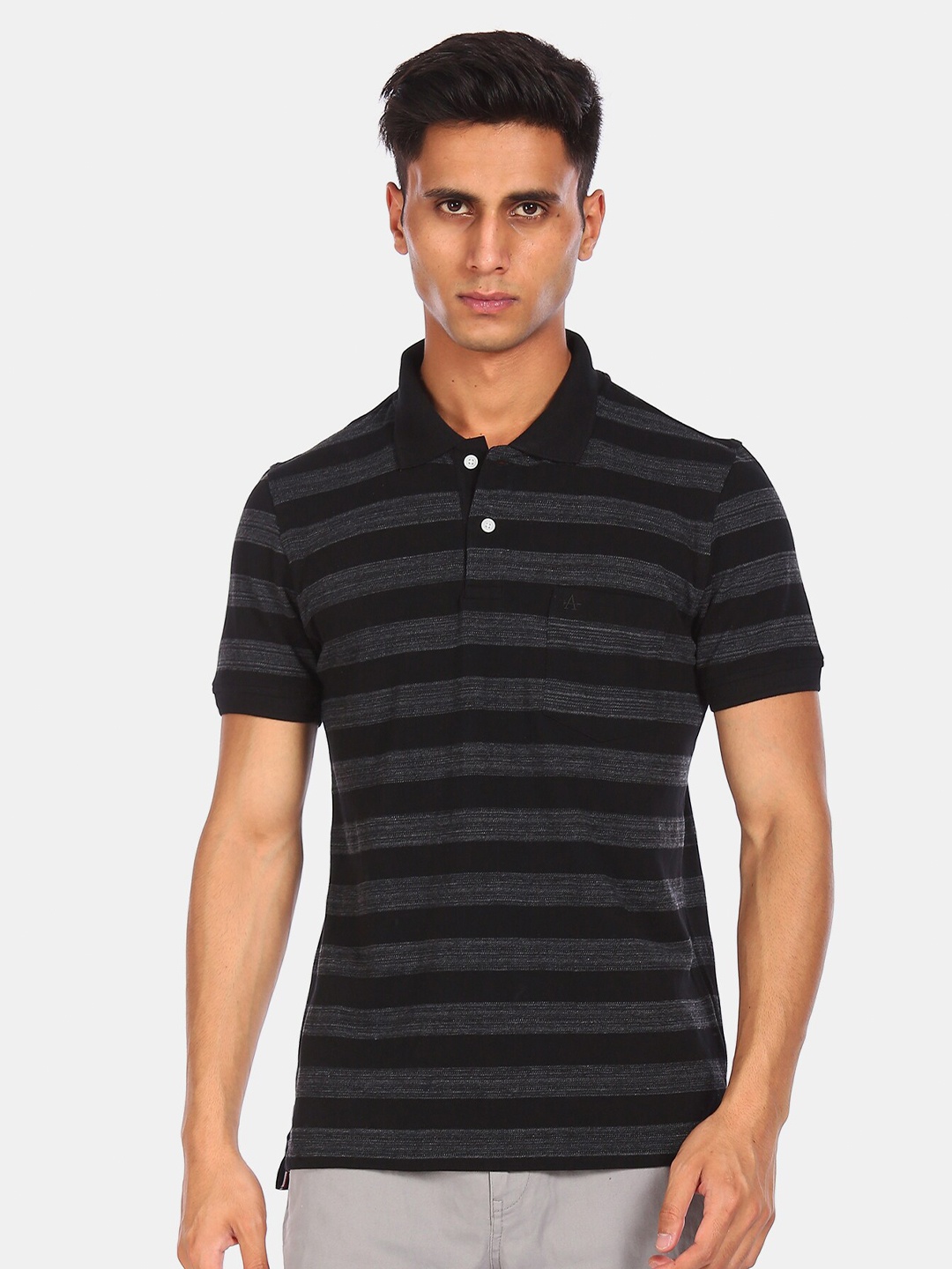 

Arrow Sport Men Black Striped Pure Cotton Polo Collar T-shirt