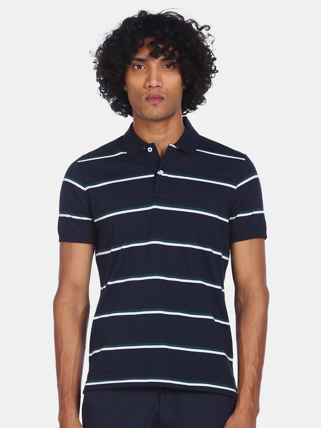 

Arrow Sport Men Navy Blue Striped Polo Collar Cotton T-shirt