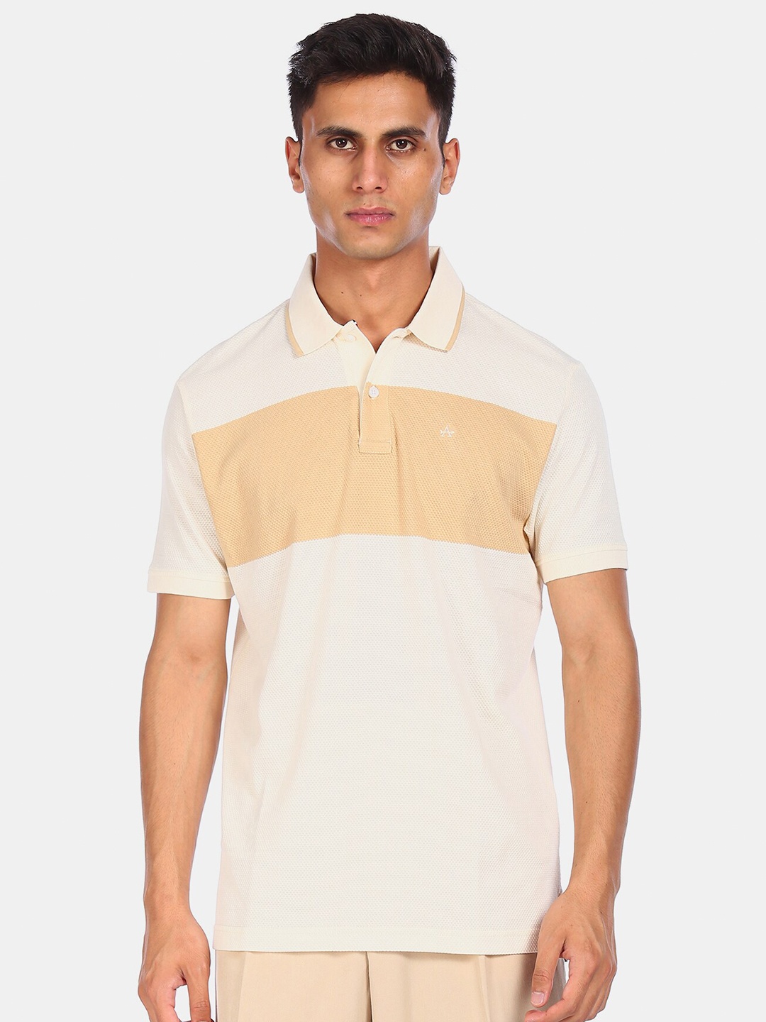 

Arrow Sport Men White & Beige Colourblocked Polo Collar Cotton T-shirt
