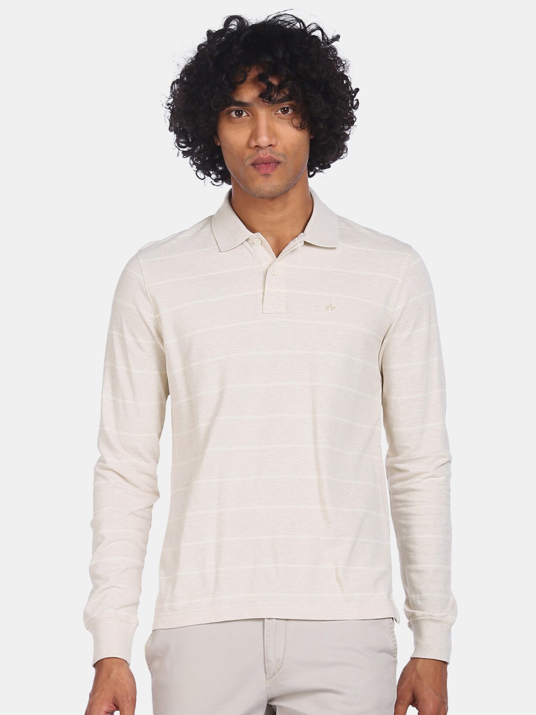 

Arrow Sport Men Beige Striped Polo Collar Cotton T-shirt