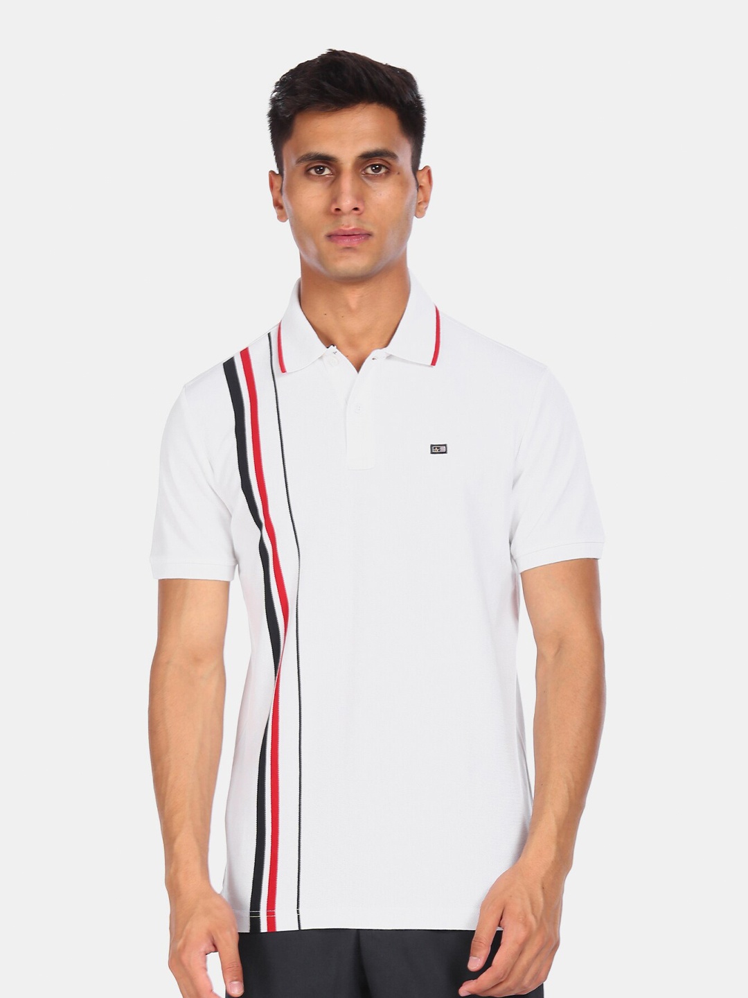 

Arrow Sport Men White Striped Polo Collar Cotton T-shirt