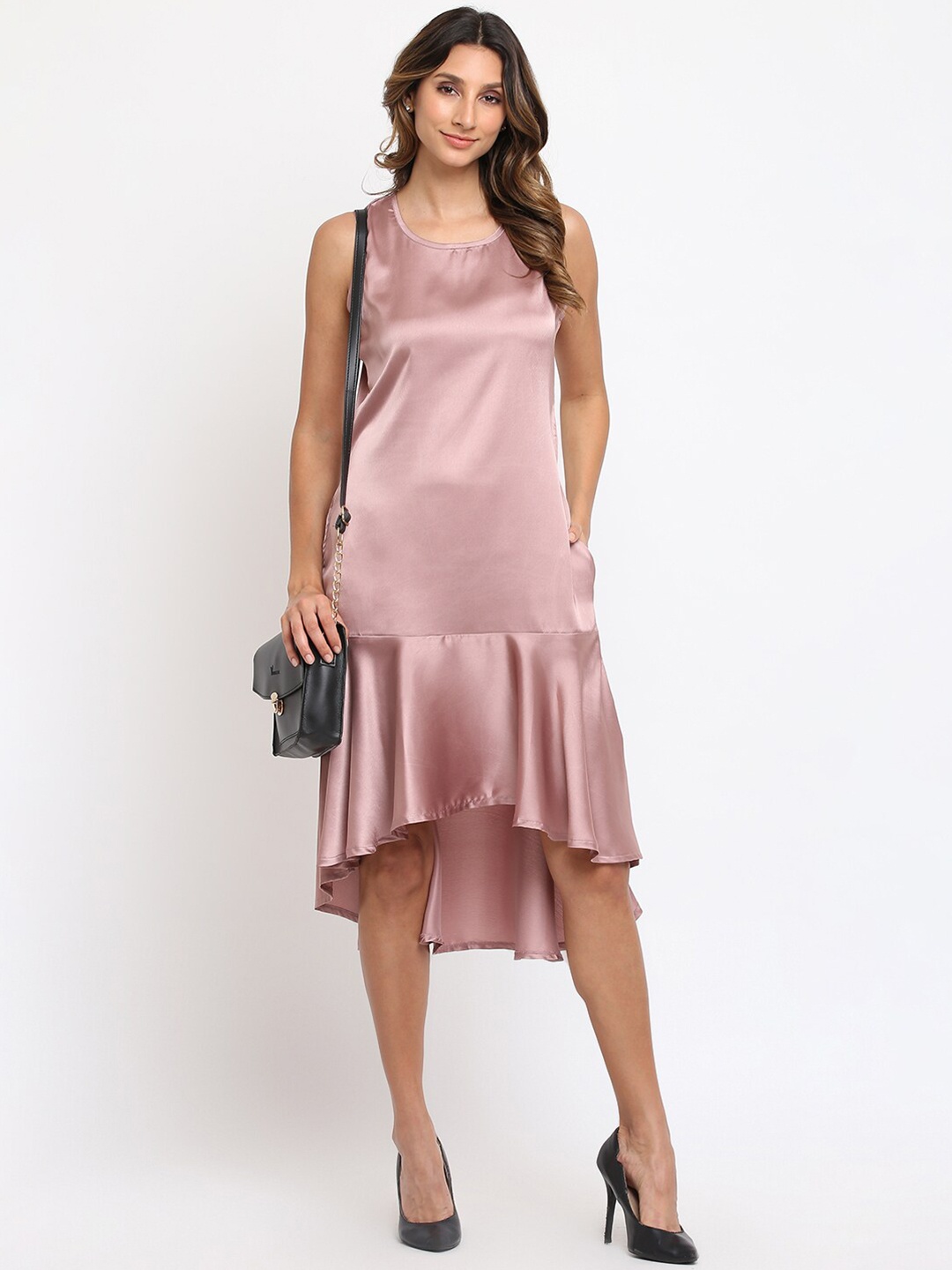 

am ma Rose Gold-Coloured Drop-Waist Midi Dress