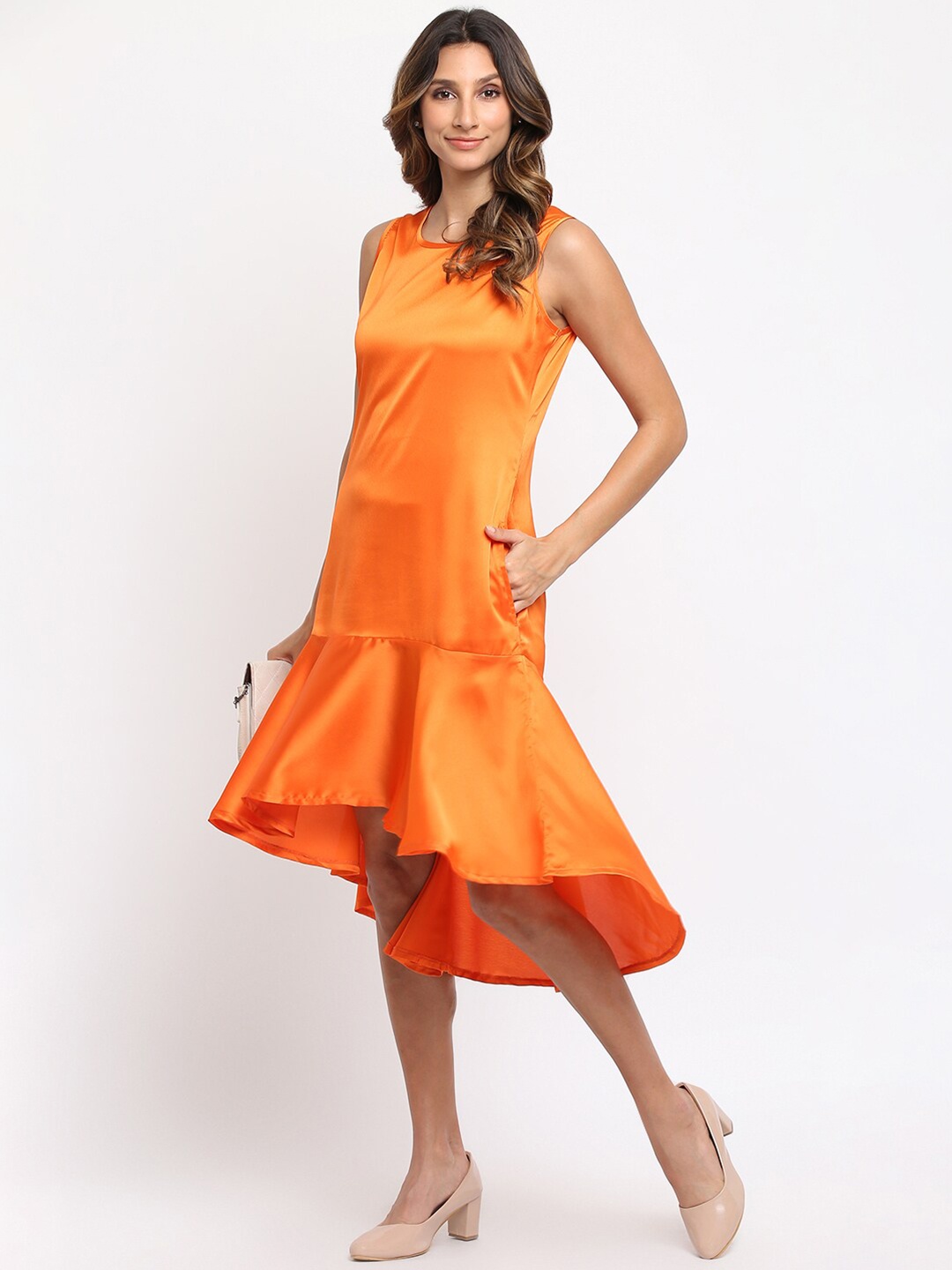 

am ma Orange Drop-Waist Midi Dress