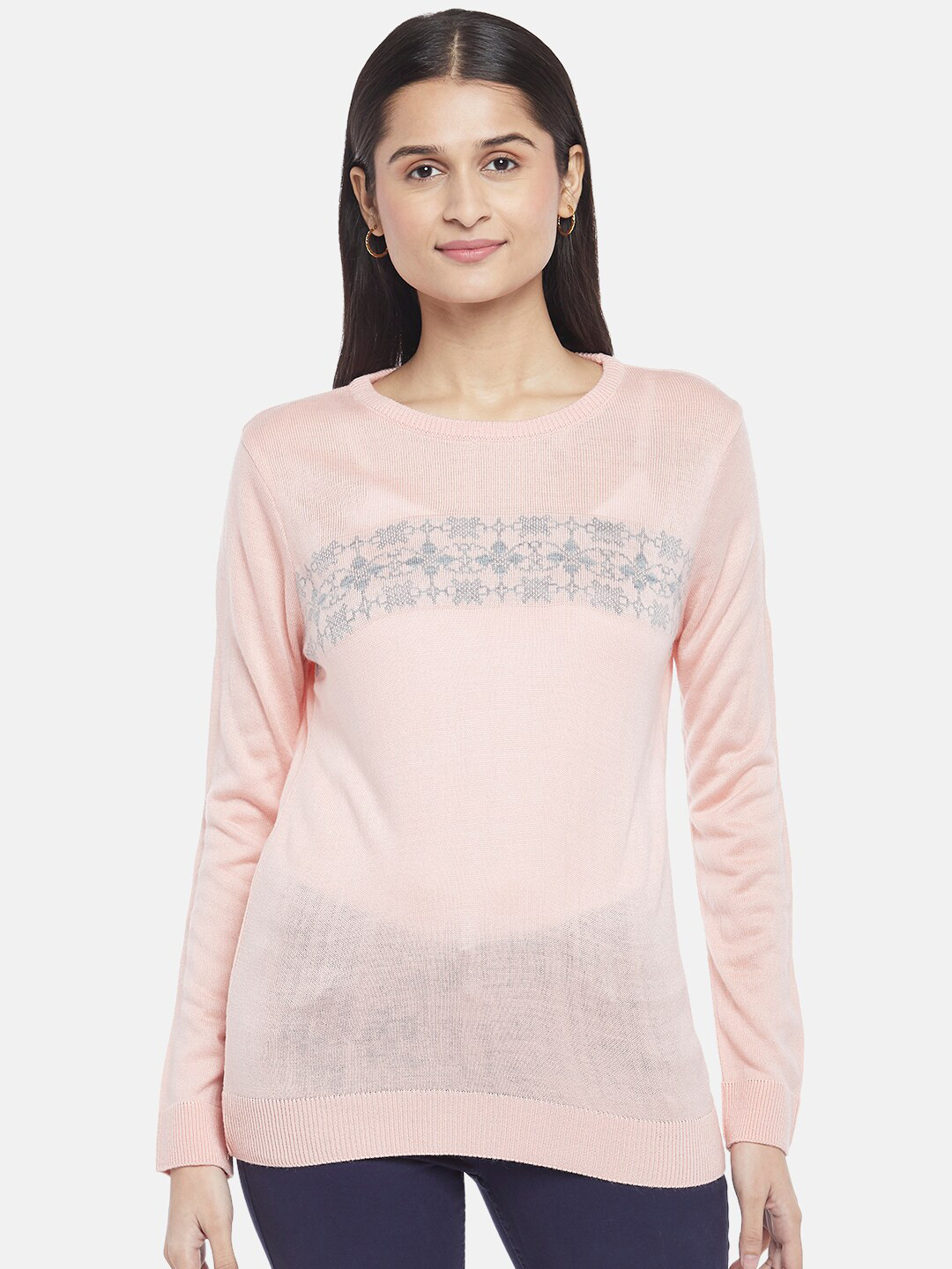 

Honey by Pantaloons Women Peach-Coloured & Grey Printed Pure Acrylic Pullover Sweater