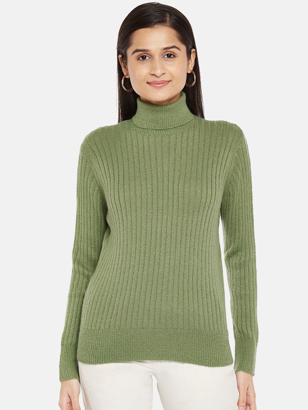 

Honey by Pantaloons Women Olive Green Ribbed Pullover