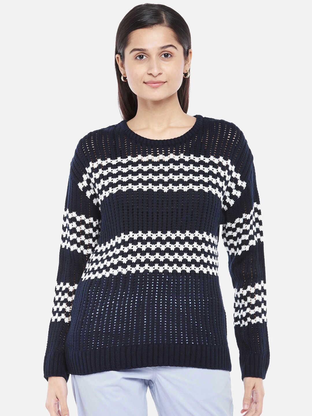 

Honey by Pantaloons Women Navy Blue & White Floral Striped Acrylic Pullover