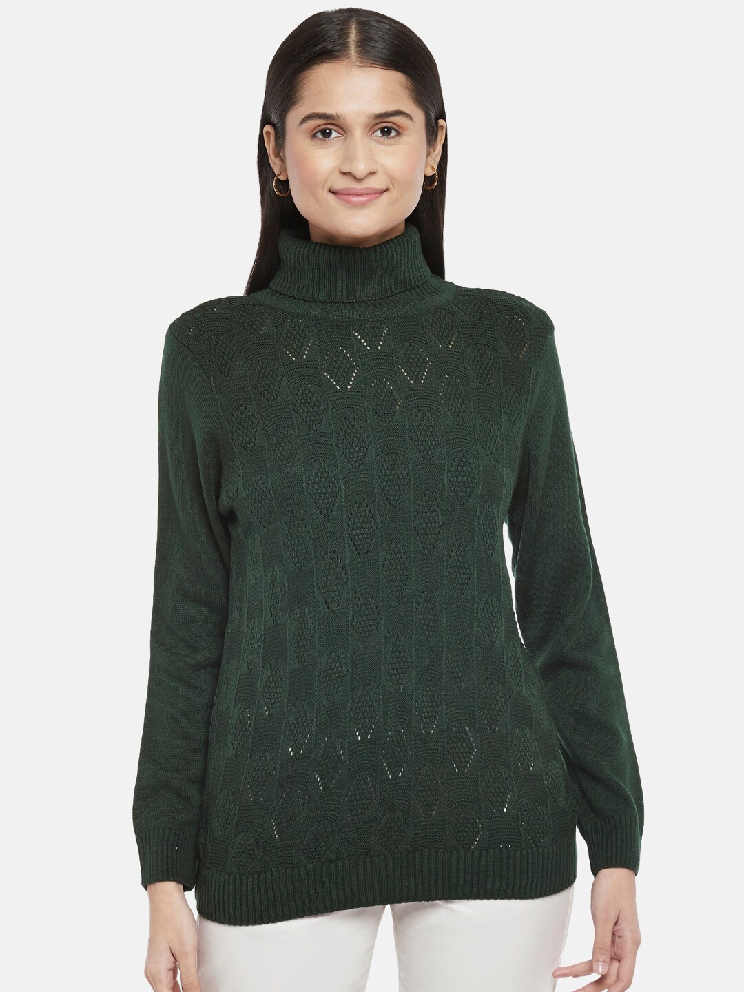 

Honey by Pantaloons Women Olive Green Turtle Neck Acrylic Pullover