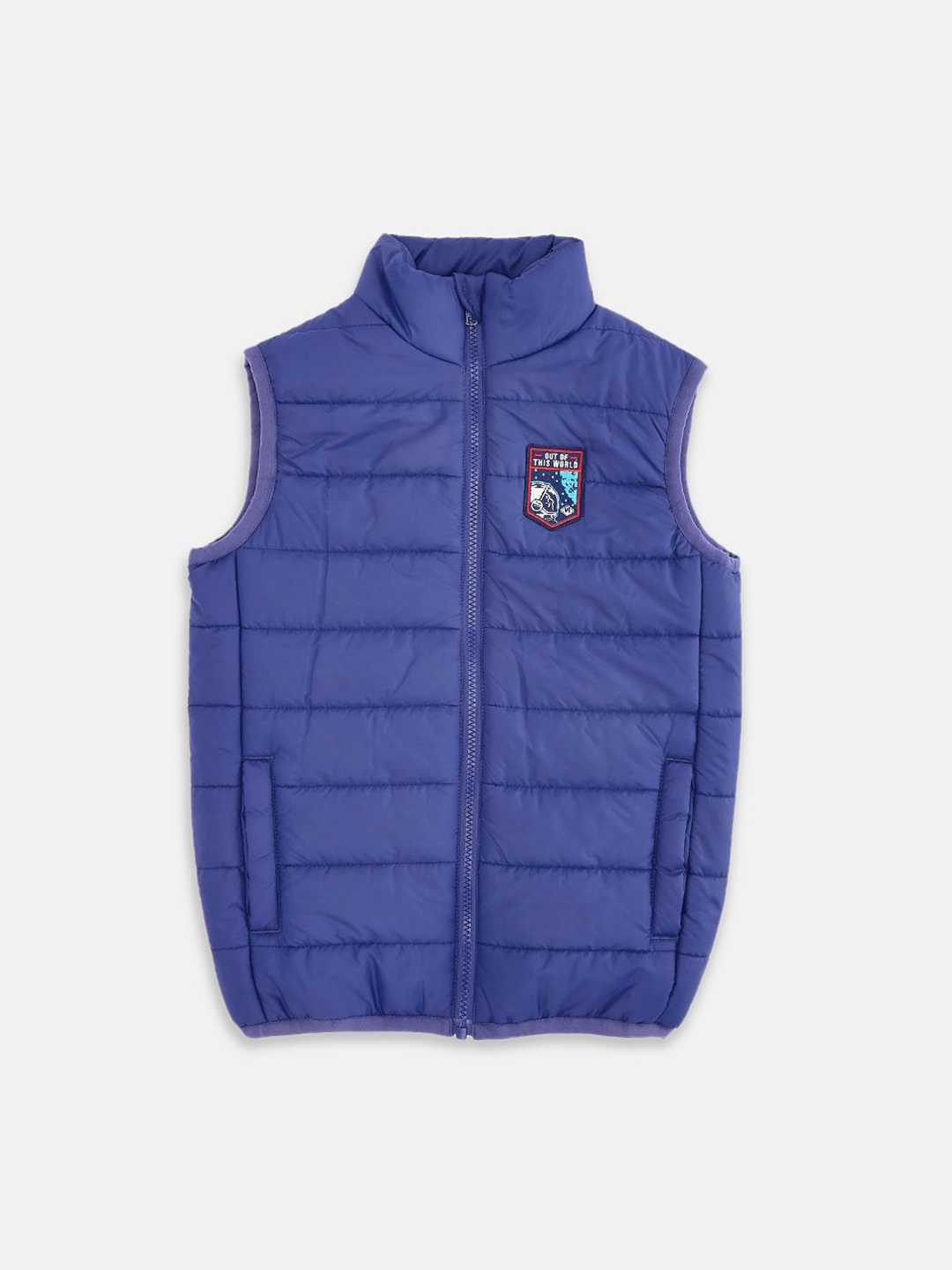 

Pantaloons Junior Boys Blue Puffer Jacket with Patchwork