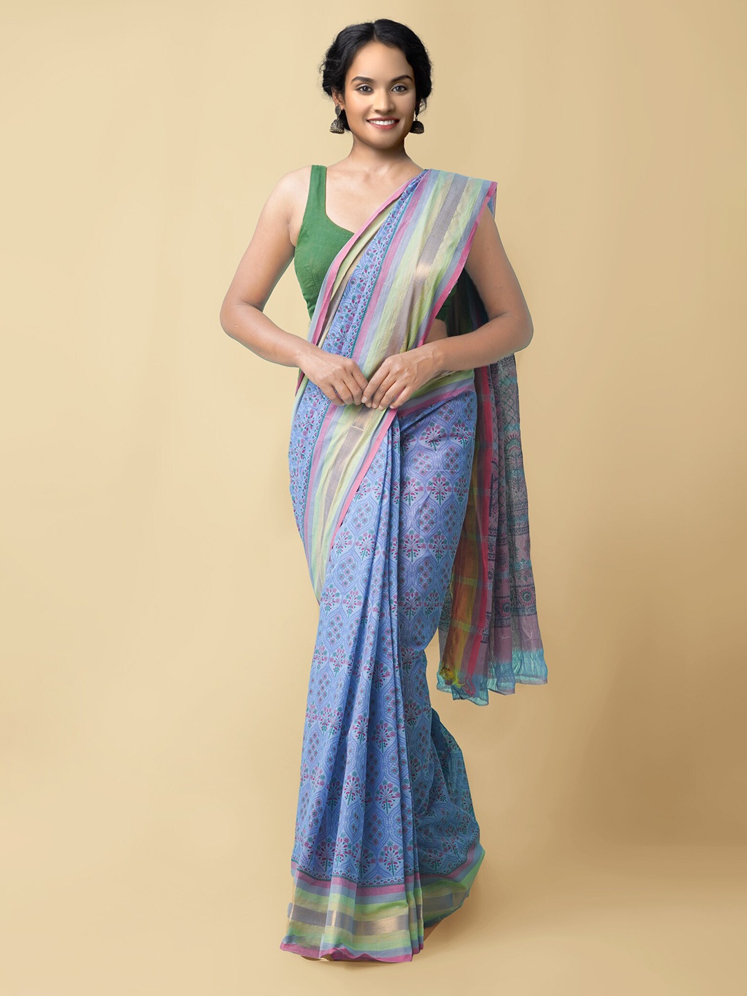 

Unnati Silks Blue & Magenta Ethnic Motifs Pure Cotton Mangalagiri Saree