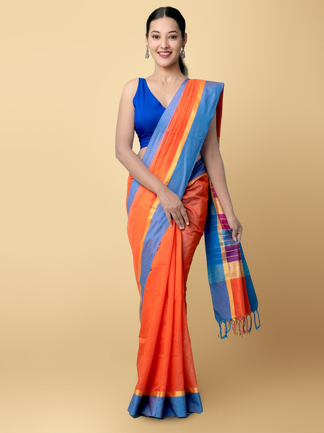 

Unnati Silks Orange & Blue Woven Design Zari Art Silk Patola Saree