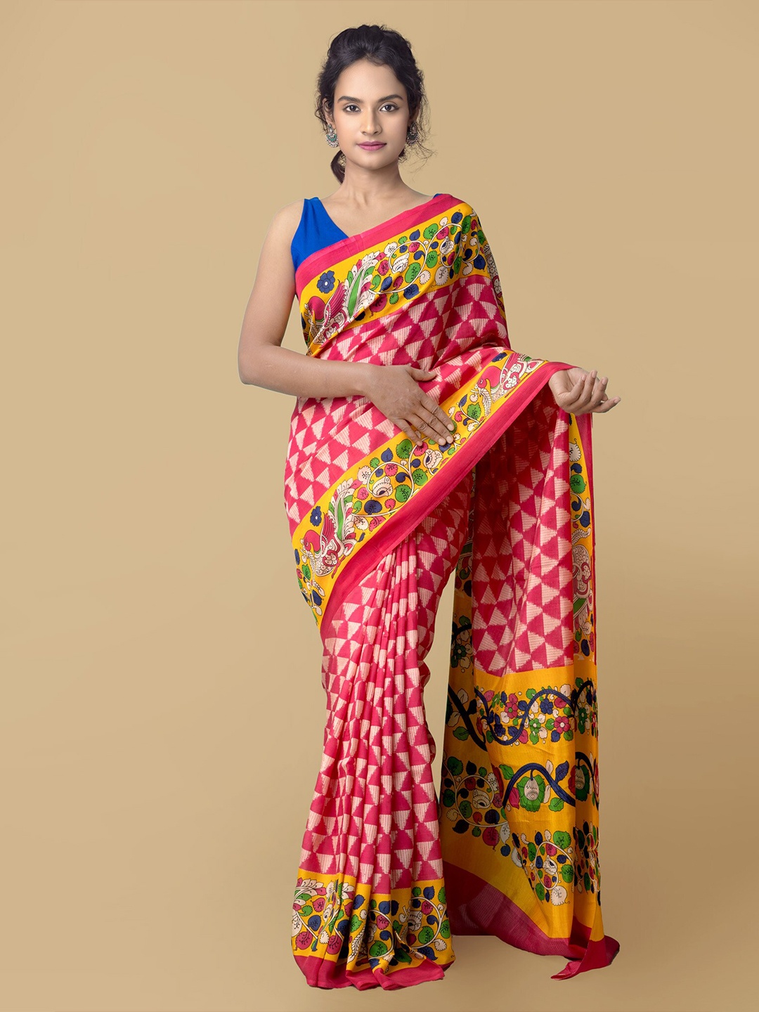 

Unnati Silks Pink & Green Kalamkari Silk Blend Pochampally Saree