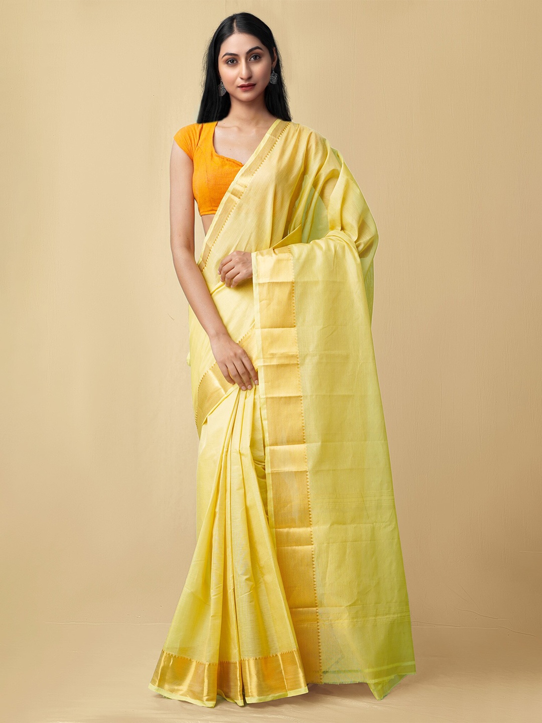 

Unnati Silks Yellow Woven Design Mangalagiri Silk Cotton Saree