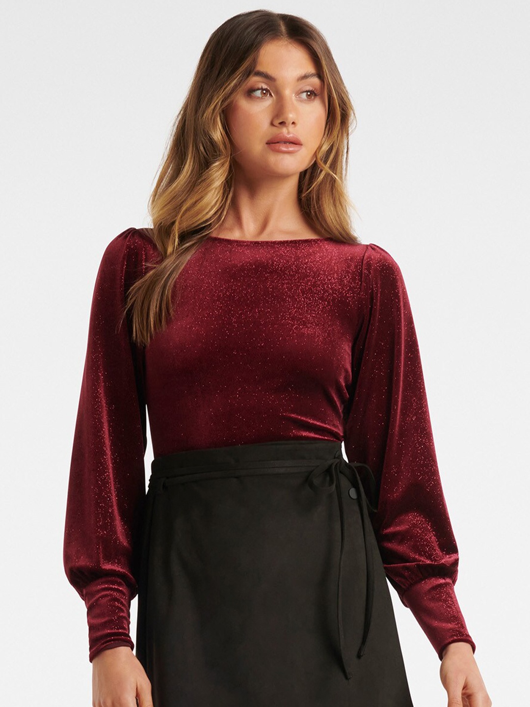 

Forever New Maroon Glitter Embellished Bishop Sleeves Velvet Top