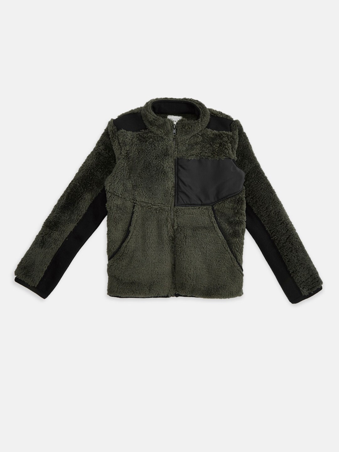 

Pantaloons Junior Boys Olive Green & Black Pure Acrylic Front-Open with Fuzzy Detail