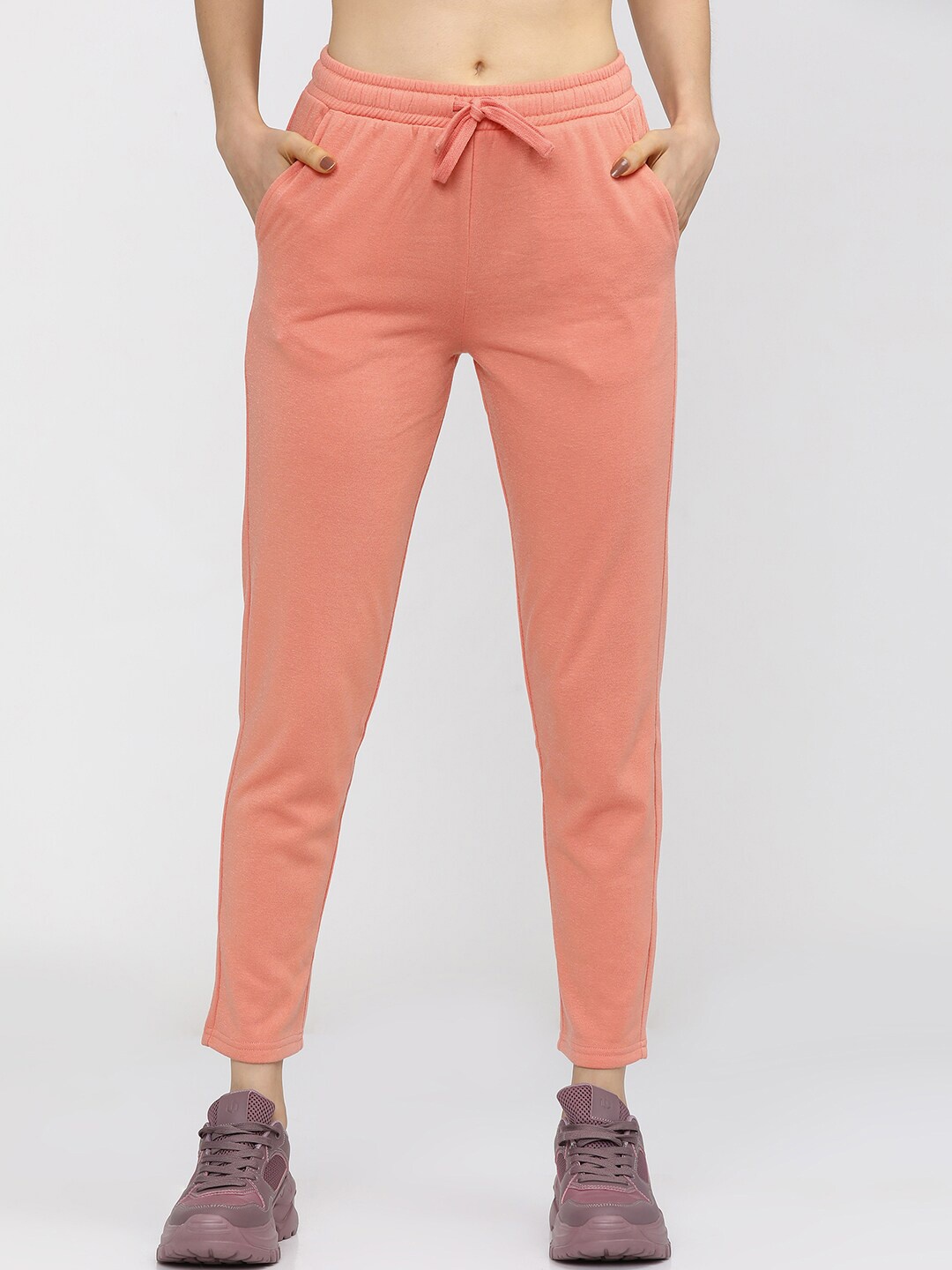 

Tokyo Talkies Women Peach-Coloured Solid Slim-Fit Track Pants