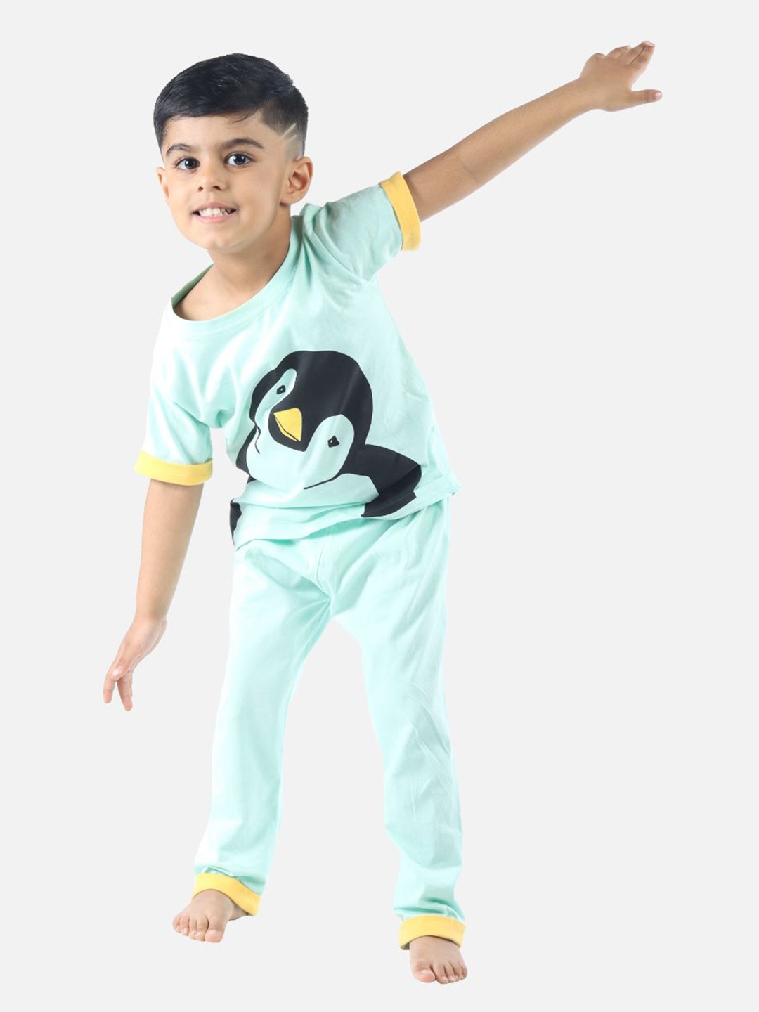 

You Got Plan B Unisex Kids Blue & Mustard Penguin Printed Pure Cotton Night suit