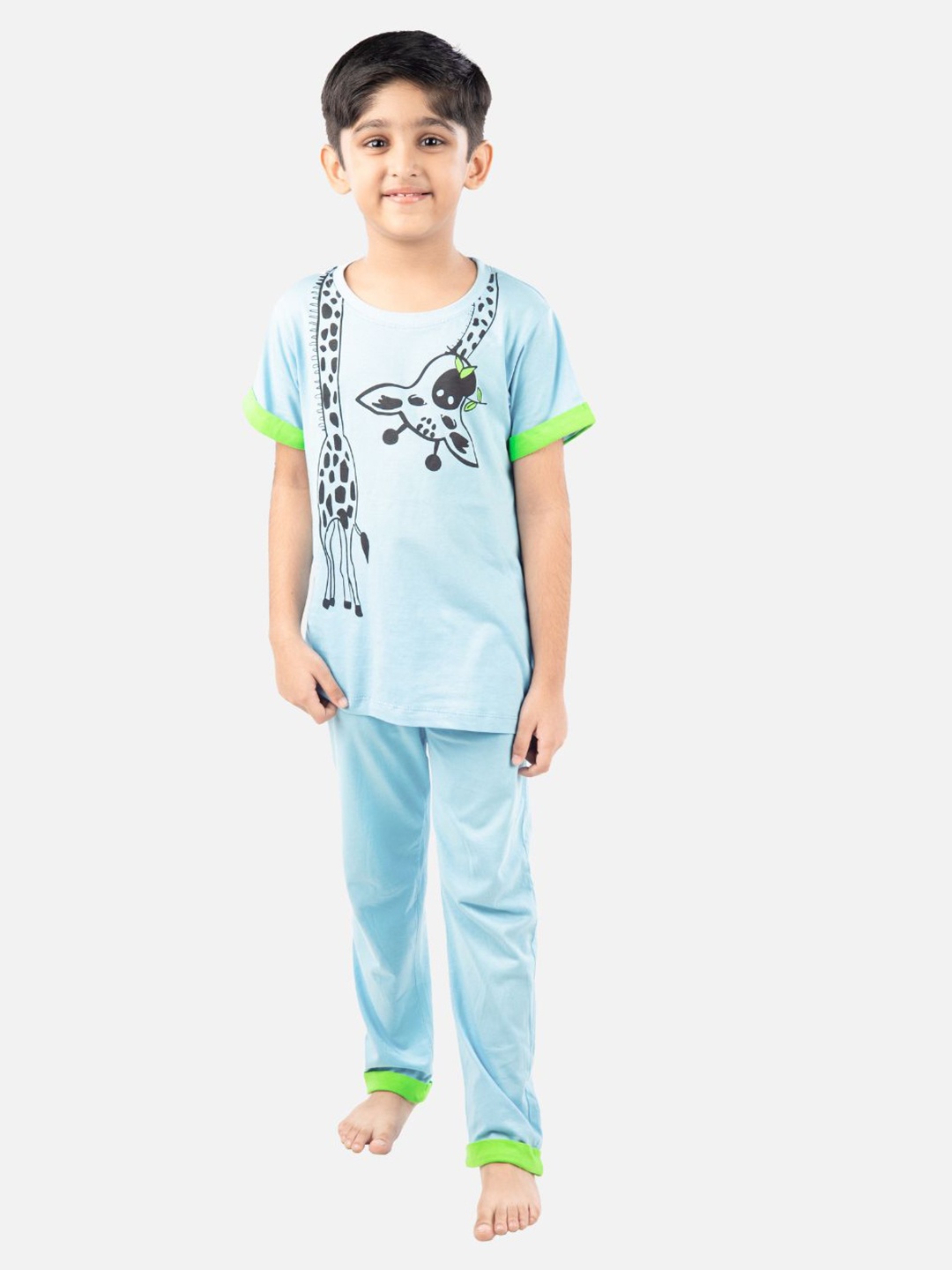

You Got Plan B Kids Blue & Yellow Printed Pure Cotton Night Suit