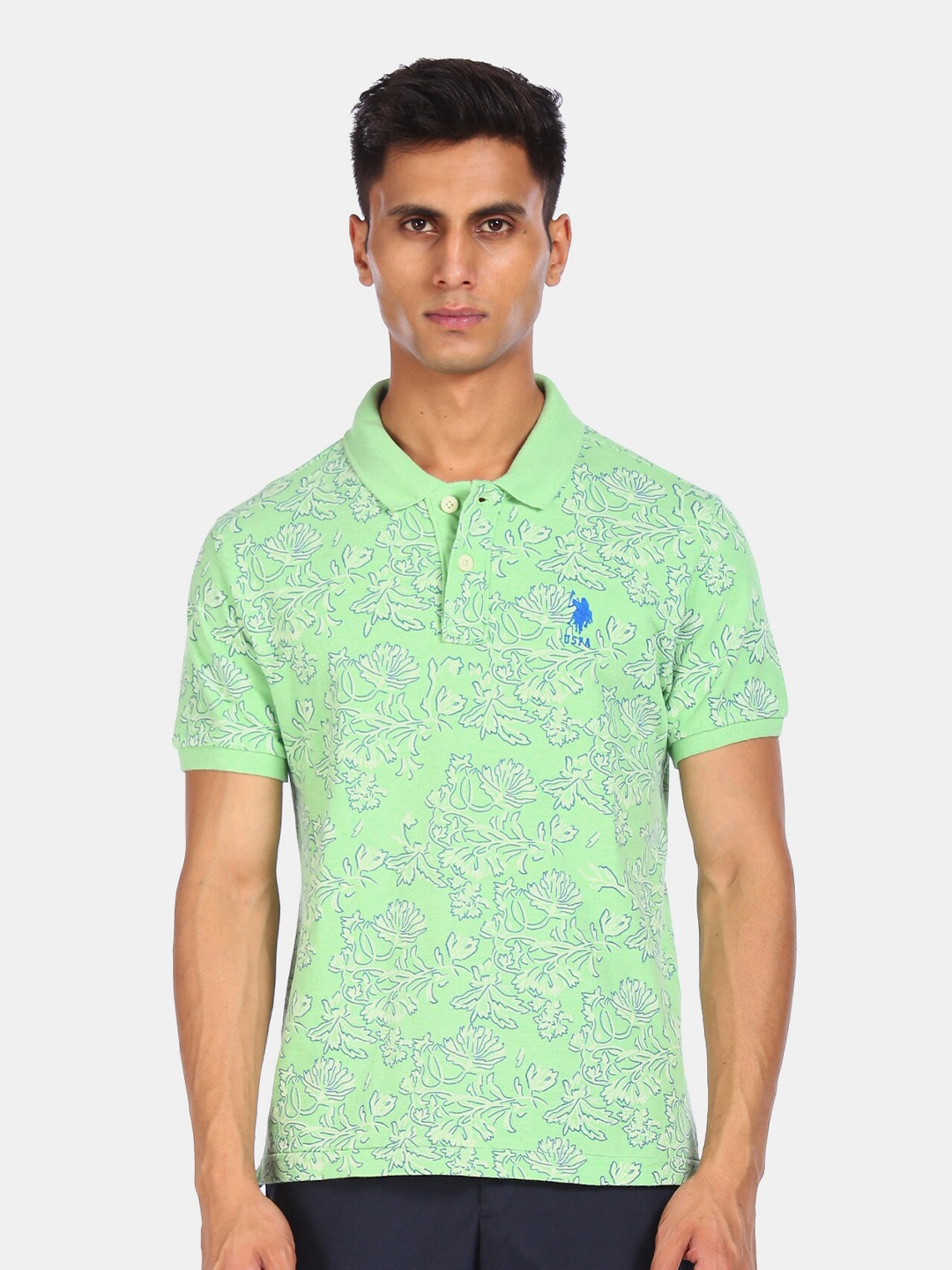 

U S Polo Assn Men Green Floral Printed Polo Collar T-shirt