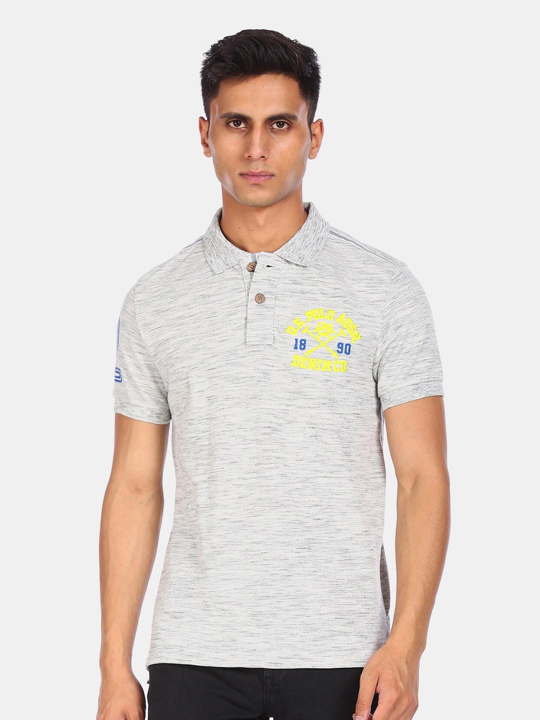 

U.S. Polo Assn. Denim Co. Men Grey & Yellow Printed Polo Collar T-shirt