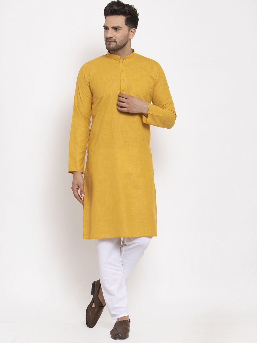 

GRACIT Men Mustard Yellow & White Regular Kurta with Pyjamas