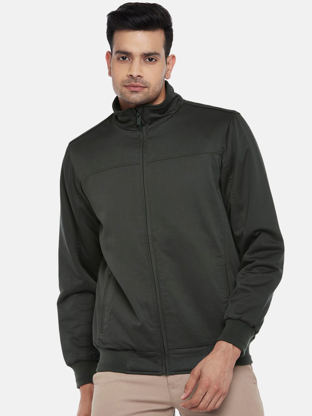 

BYFORD by Pantaloons Men Olive Green Solid Pure Cotton Sporty Jacket