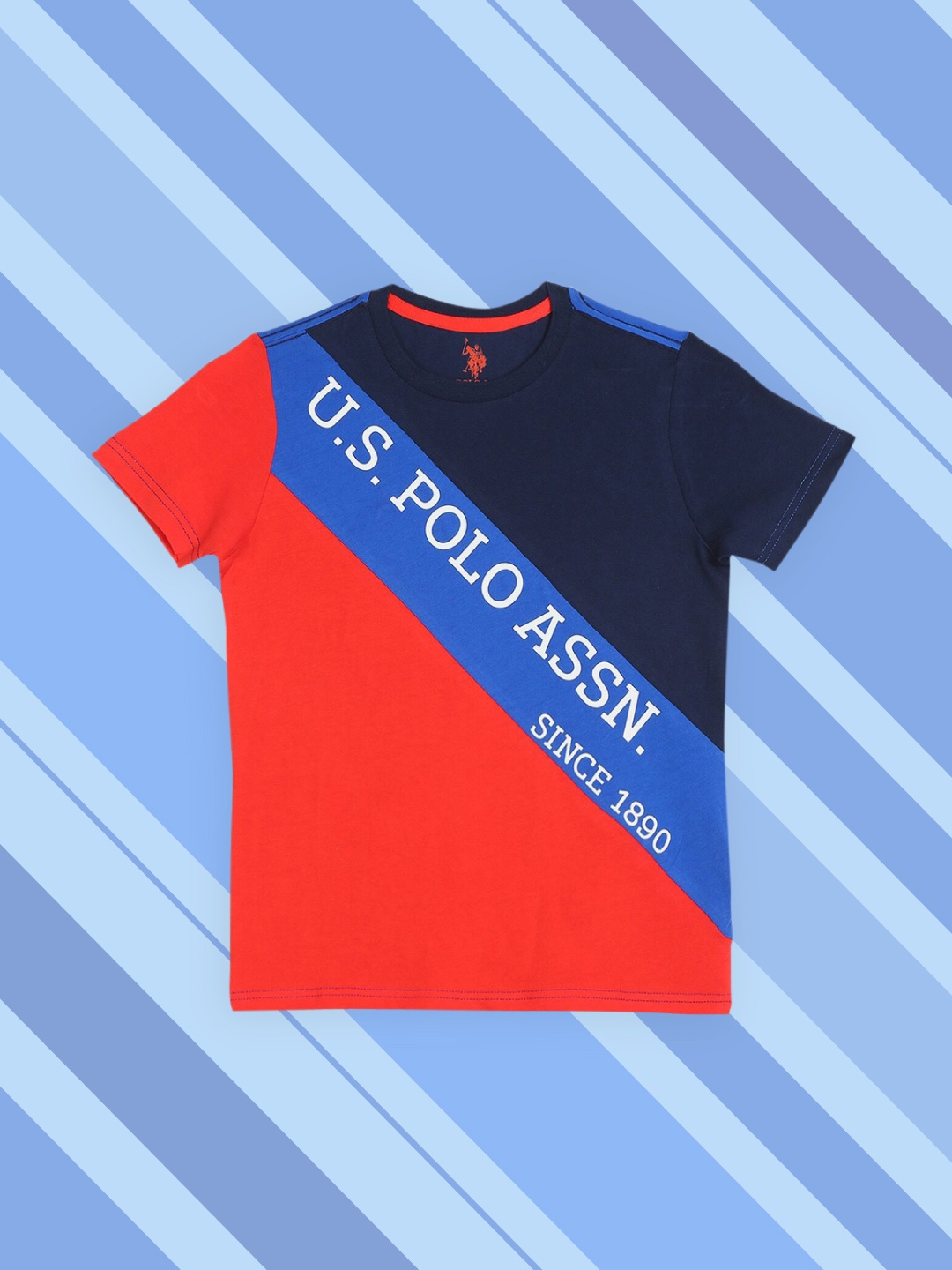 

U.S. Polo Assn. Kids Boys Navy Blue & Red Typography Printed Colourblocked T-shirt