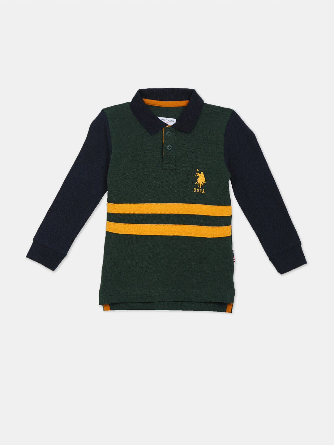 

U.S. Polo Assn. Kids Boys Olive Green Striped Polo Collar Full Sleeve T-shirt