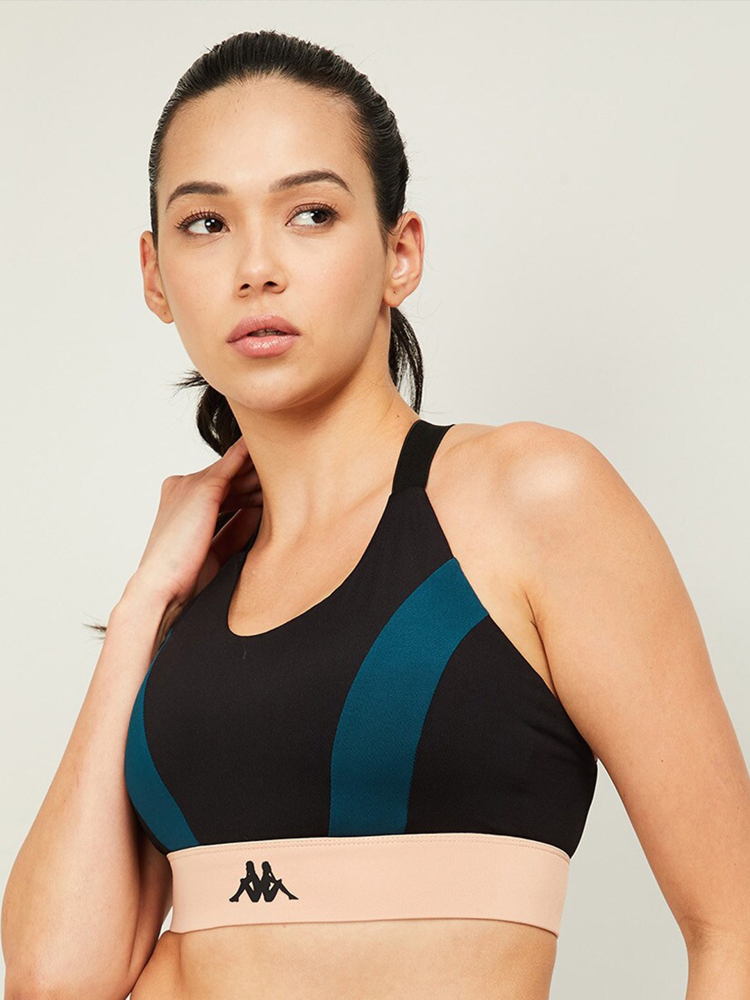 

Kappa Women Black & Teal Colourblocked Lightly Padded Workout Bra