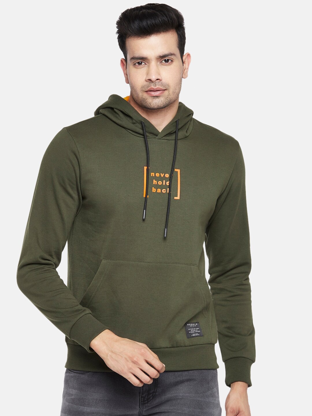 

People Men Olive Green & Orange Printed Hooded Sweatshirt