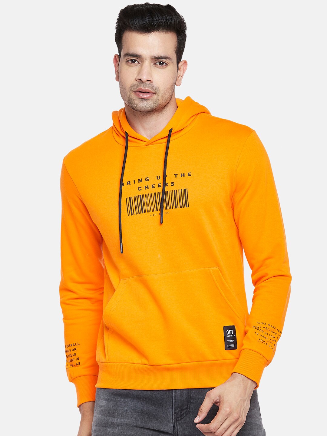

People Men Orange Printed Hooded Sweatshirt