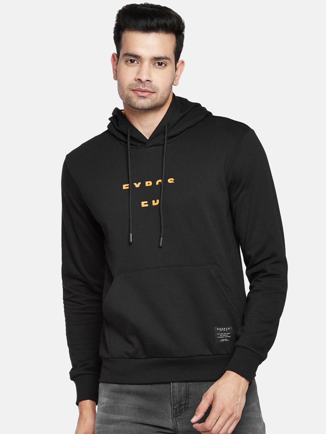 

People Men Black Printed Hooded Sweatshirt