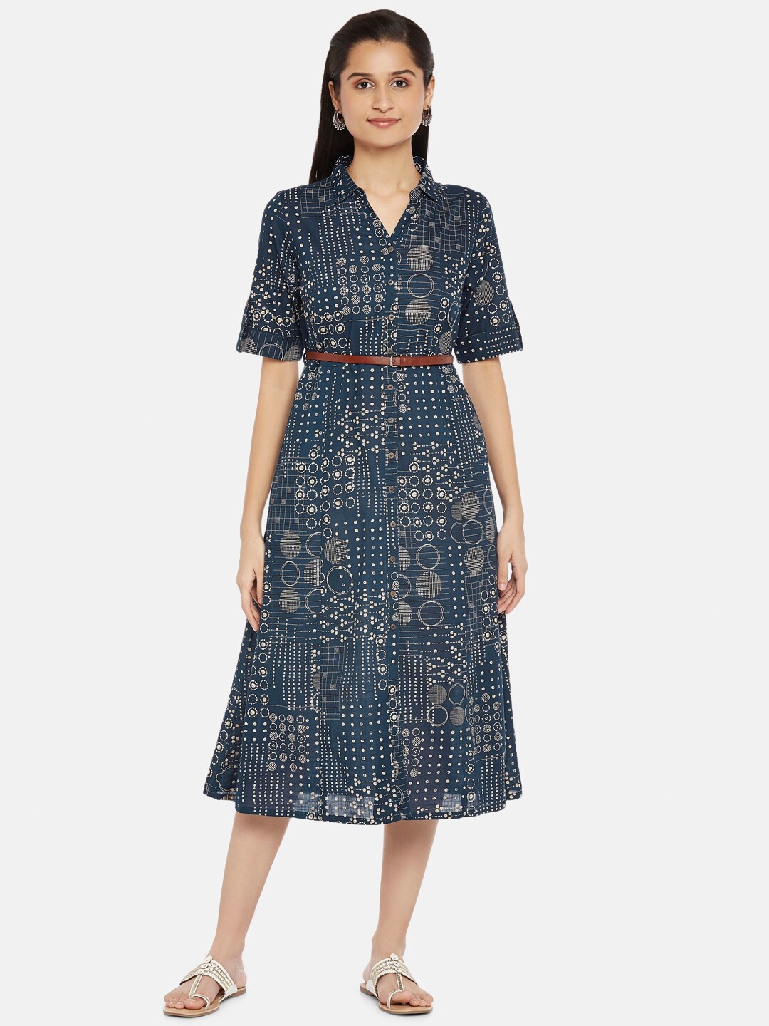 

AKKRITI BY PANTALOONS Blue Cotton Shirt Midi Dress