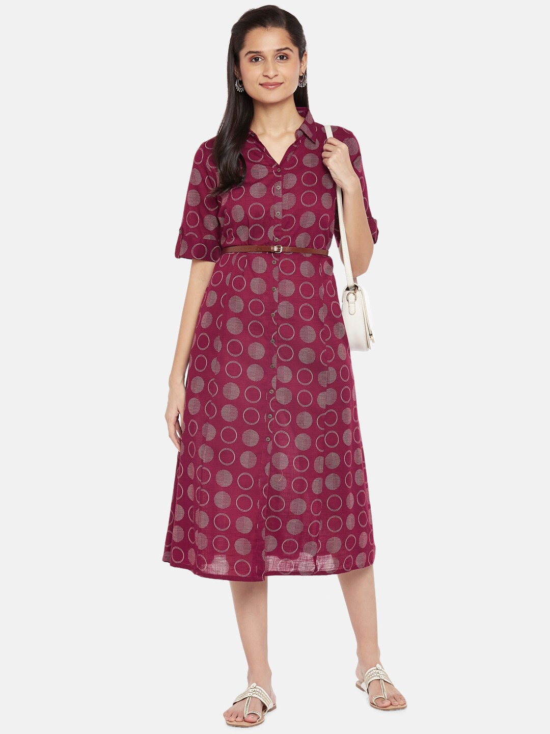 

AKKRITI BY PANTALOONS Burgundy Pure Cotton Shirt Midi Dress