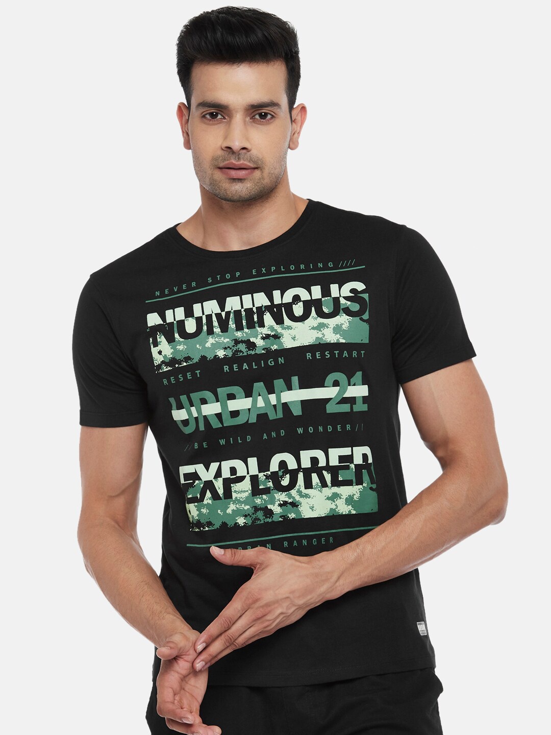 

Urban Ranger by pantaloons Men Black & Green Typography Printed Slim Fit T-shirt