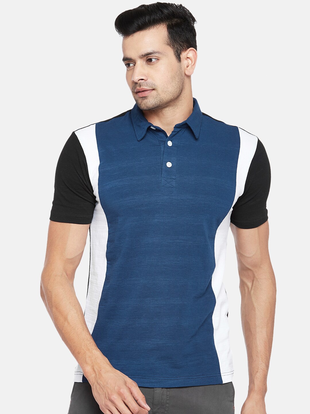 

Urban Ranger by pantaloons Men Blue & Black Colourblocked Polo Collar Slim Fit T-shirt