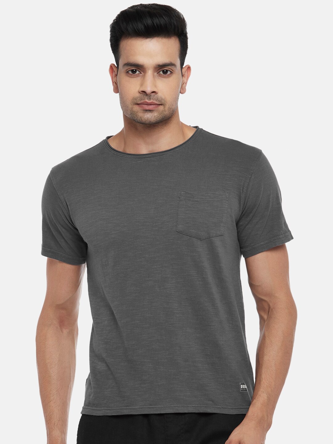 

Urban Ranger by pantaloons Men Grey Solid Pockets Slim Fit Pure Cotton T-shirt