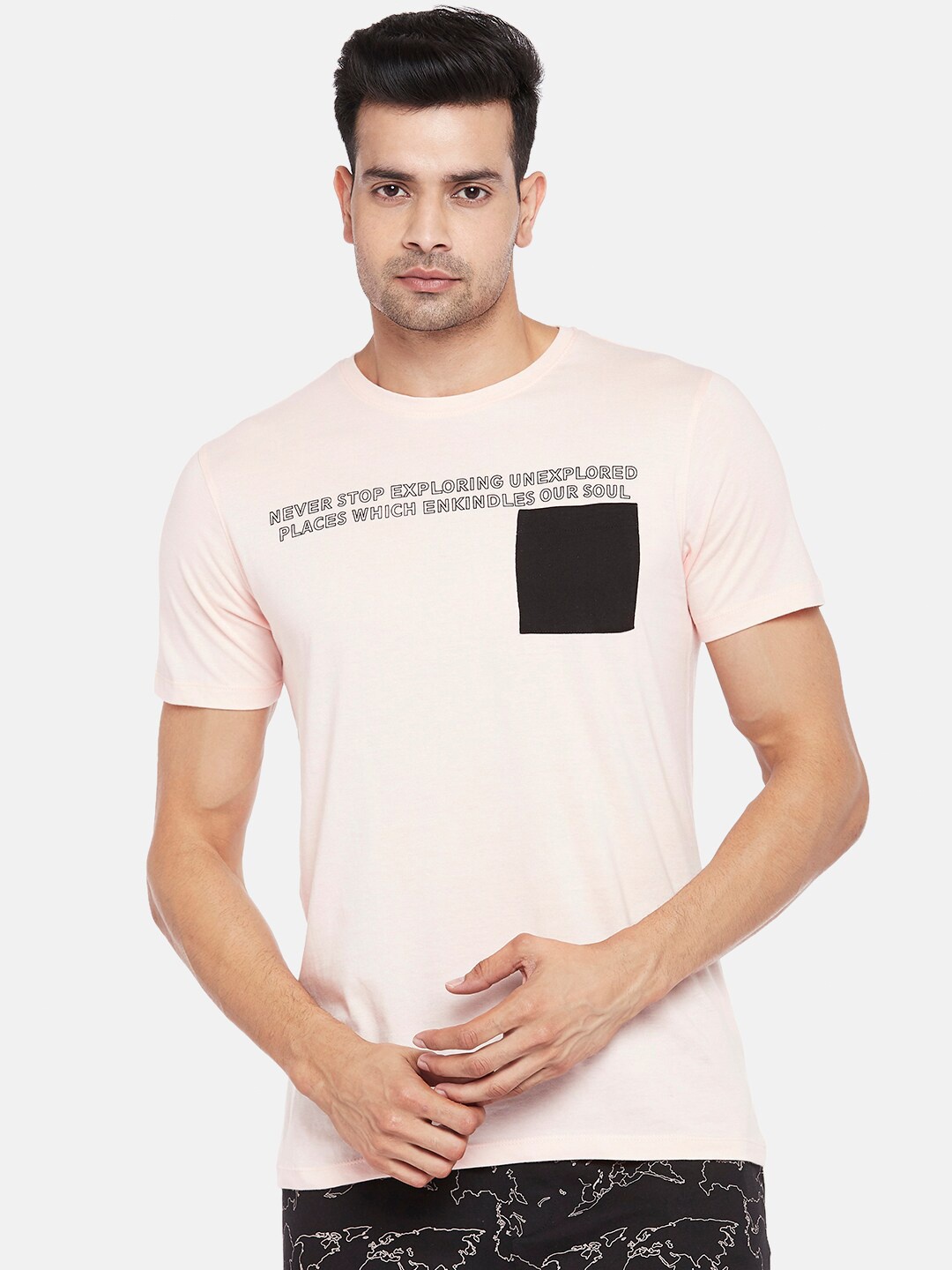 

Urban Ranger by pantaloons Men Pink Printed Pure Cotton Slim Fit T-shirt