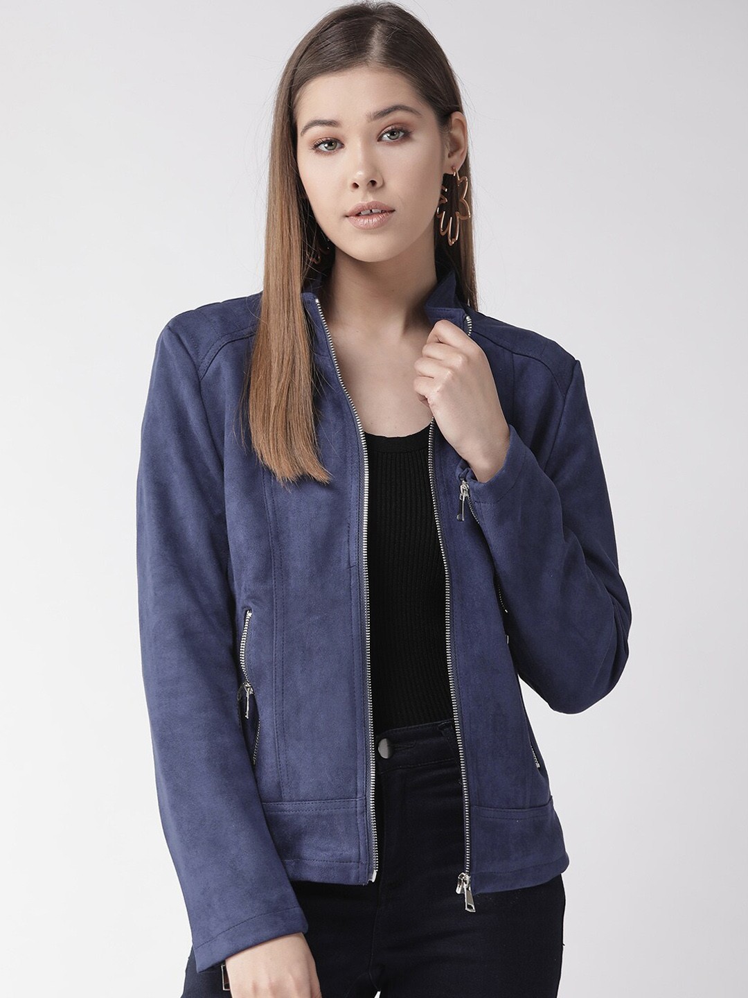 

Xpose Women Navy Blue Suede Tailored Jacket