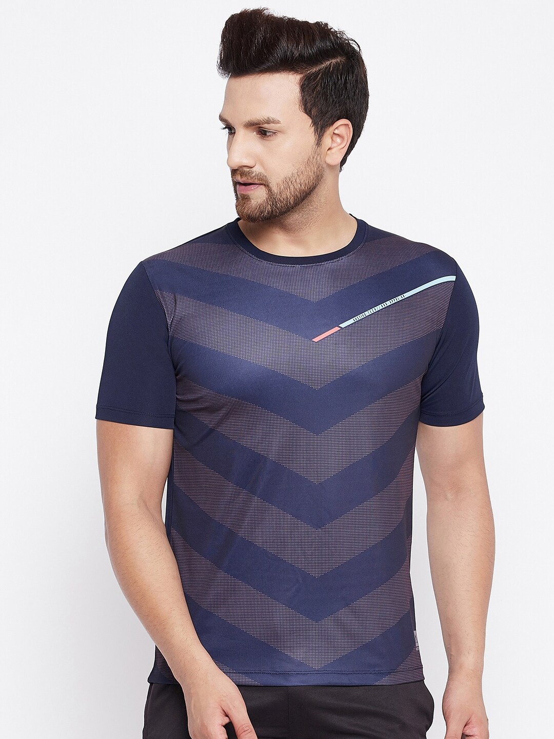 

AUSTIEX Men Navy Blue Striped Raw Edge Running Sports T-shirt