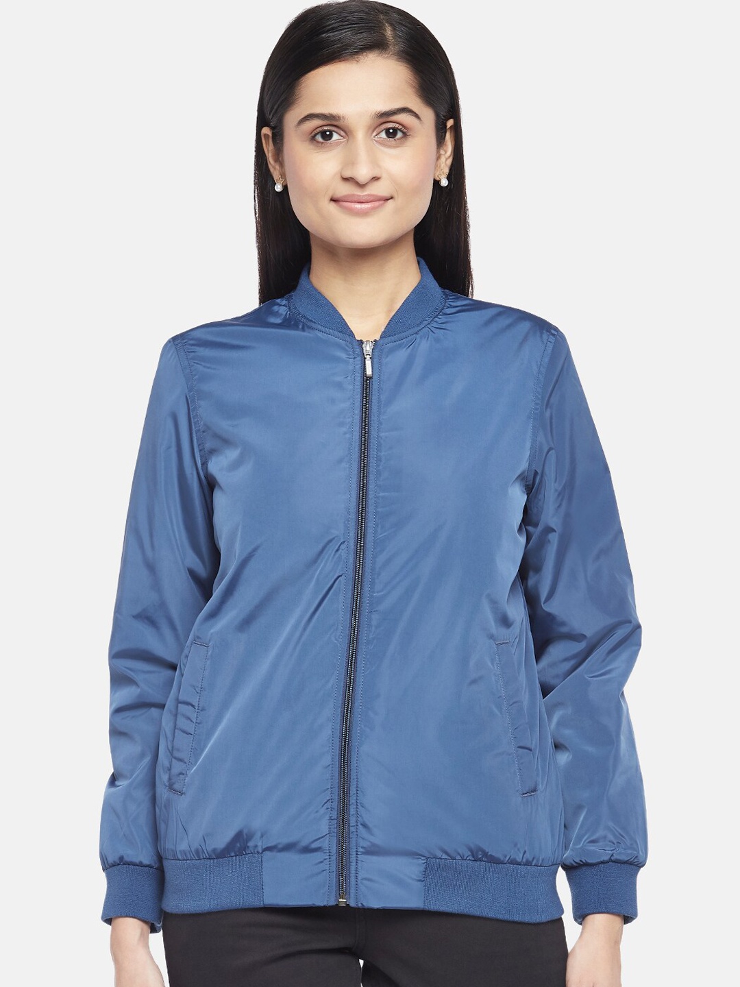 

Honey by Pantaloons Women Teal Solid Bomber Jacket