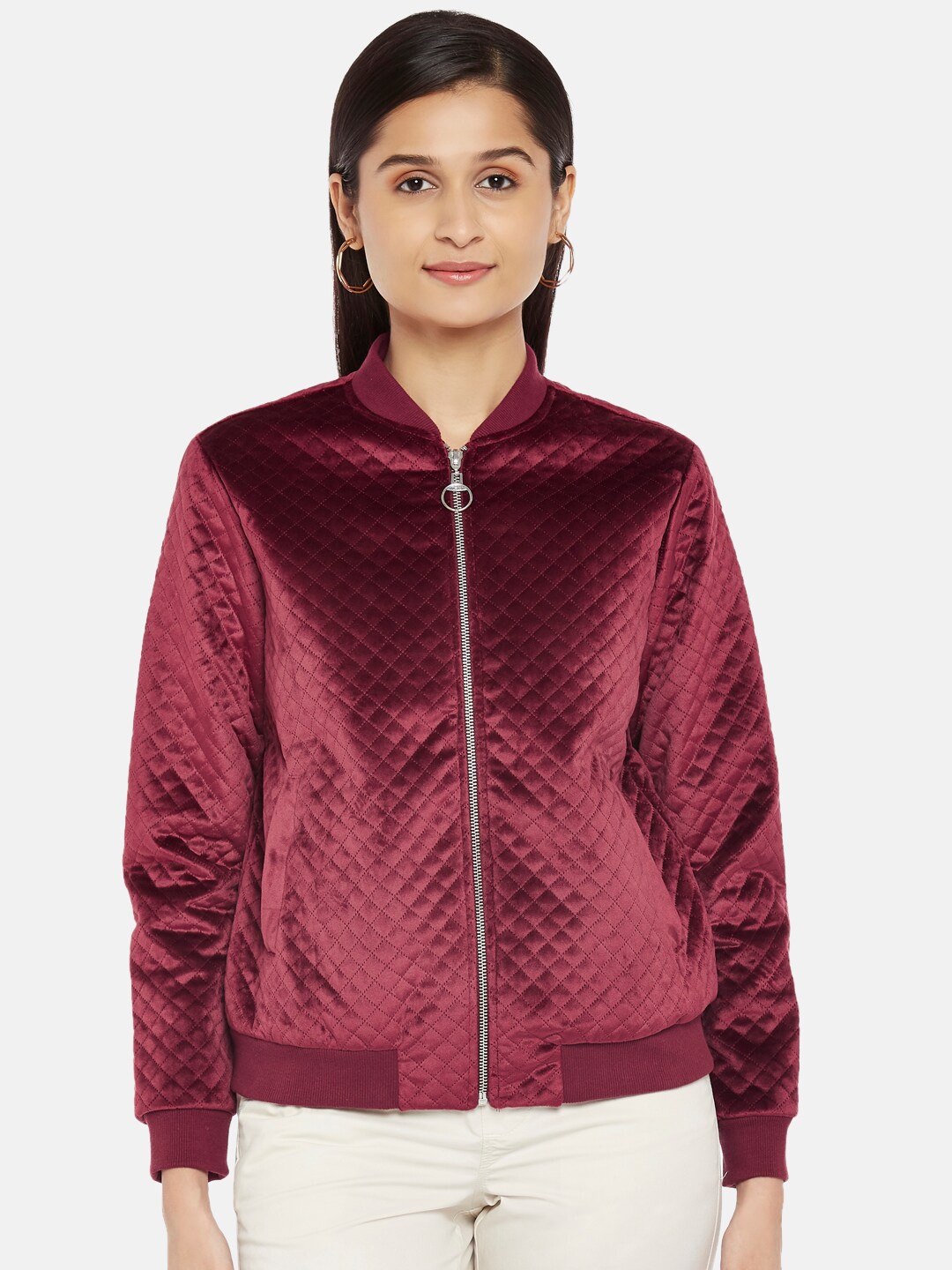 

Honey by Pantaloons Women Burgundy Geometric Bomber Jacket