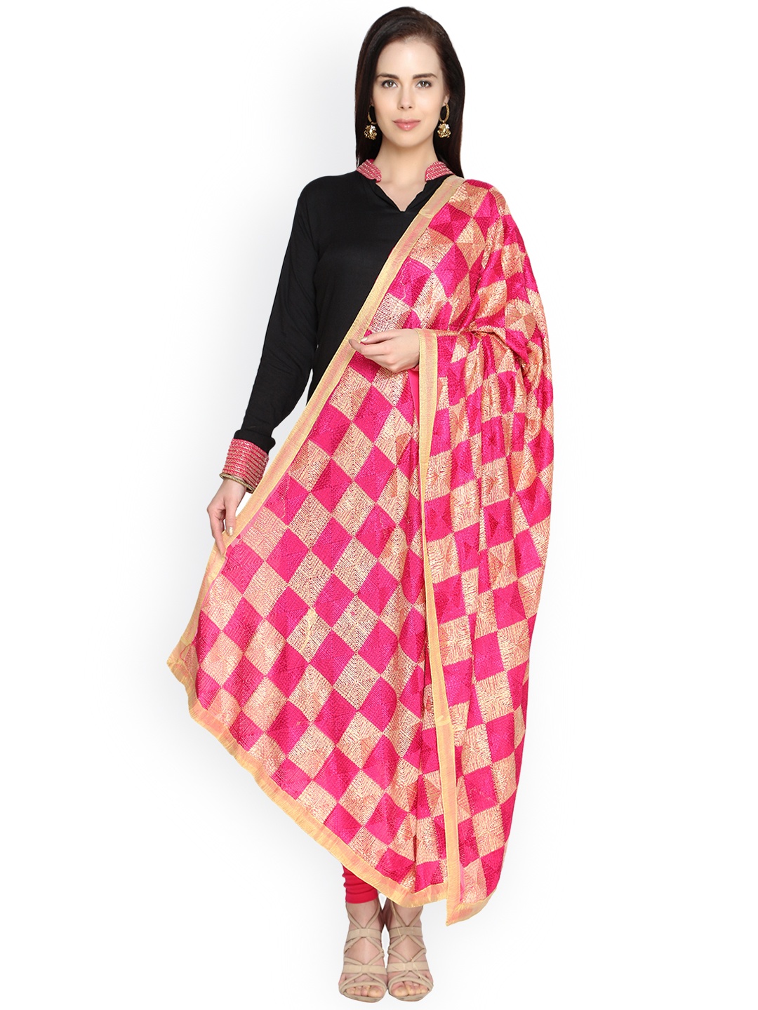 

Dupatta Bazaar Pink & Beige Phulkari Embroidered Dupatta