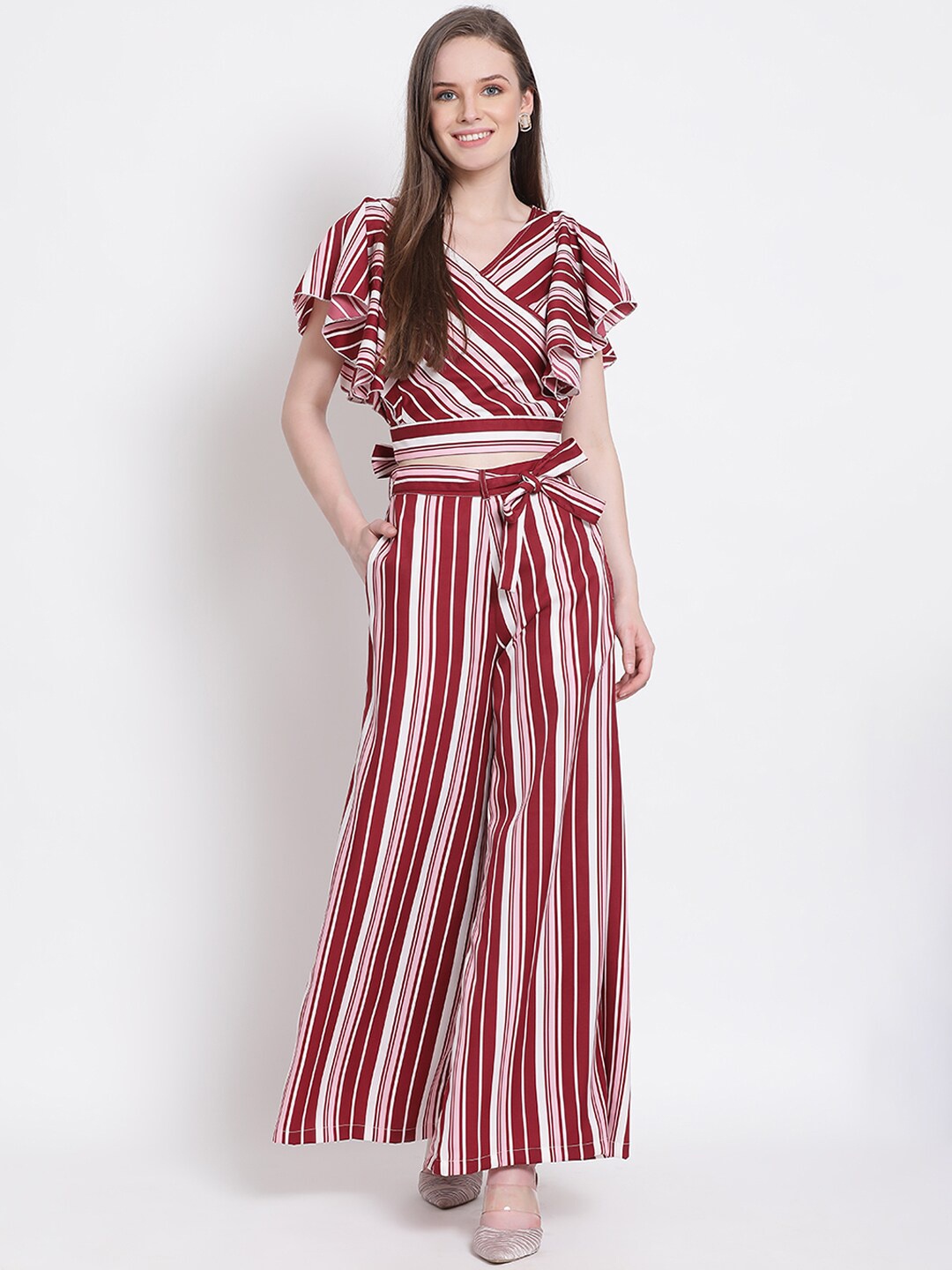 

DRAAX Fashions Women Maroon & White Striped Top with Trousers